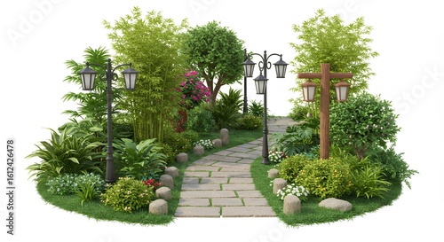 Paved garden path with landscaping and lampposts