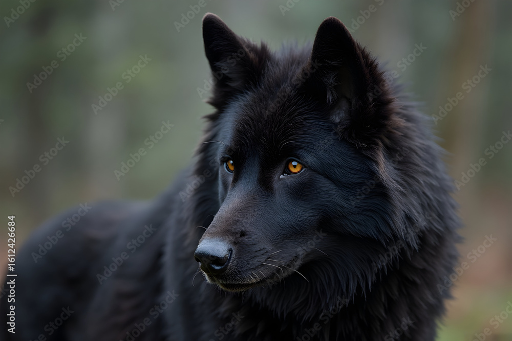 Black Wolf Looking Away with Intense Eyes in Forest Setting Black Wolf Looking Away with Intense Eyes in Forest Setting