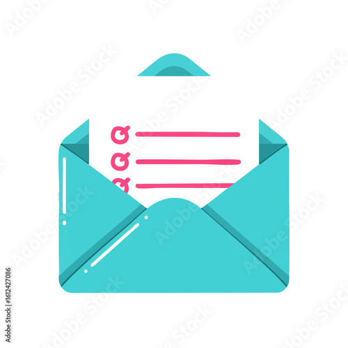 Vector illustration of envelope with list on white background, communication and organization concept