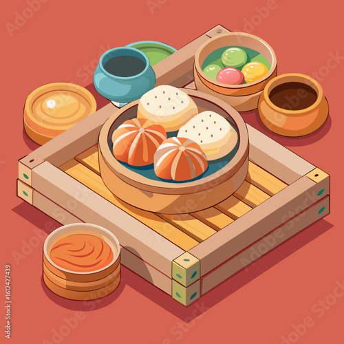 Delicious dim sum assortment in bamboo steamer baskets