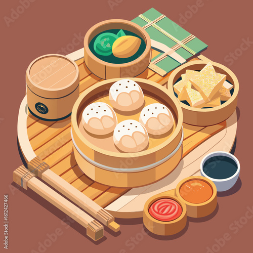 Delicious dim sum platter with steamed buns and dipping sauces