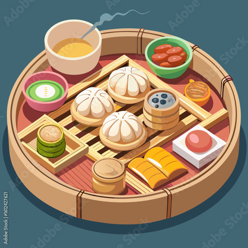 Delicious dim sum platter with steaming buns and various delicacies