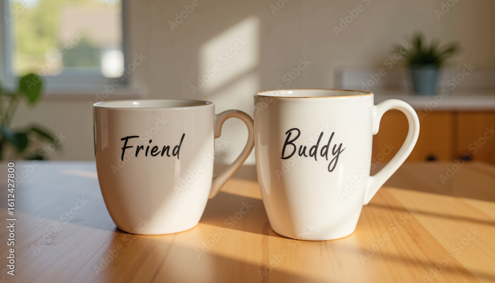 Fototapeta premium Two coffee mugs labeled 'Friend' and 'Buddy' on wooden table