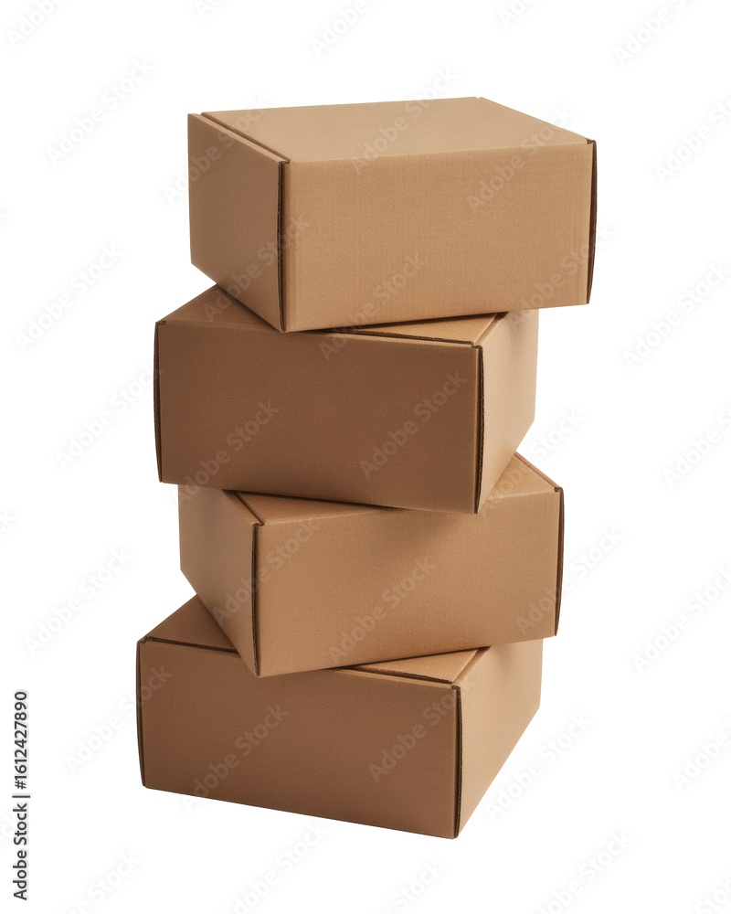 Obraz premium Stack of four corrugated cardboard shipping boxes isolated on transparent background