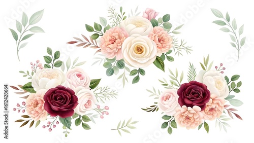 Elegant watercolor floral arrangements featuring blush pink cream and burgundy roses with greenery