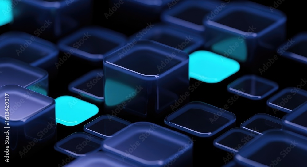 Fototapeta premium Abstract Composition of Navy and Teal Blue 3D Rounded Cubes on a Transparent Base