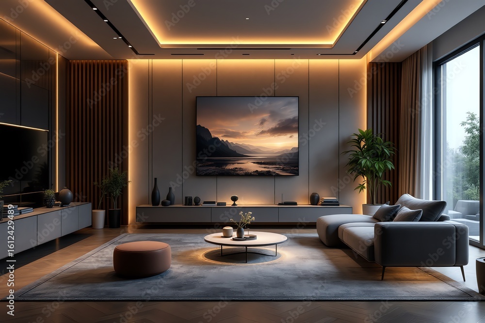 Fototapeta premium Modern Living Room Interior with Warm Lighting and Mountain View Art