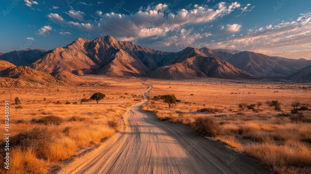 Fototapeta premium Serene Namibian Desert Landscape: Majestic Mountains and Golden Plains