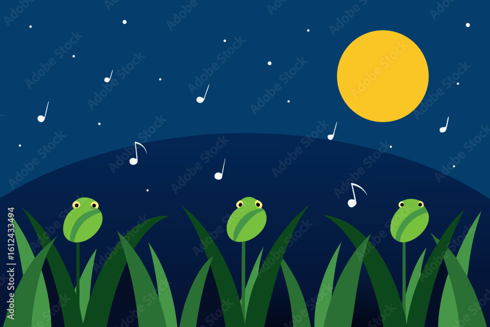 Obraz premium rice field frogs moon glowing
