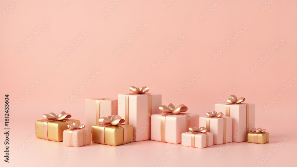 Obraz premium Pink and gold presents on pink background for holiday events, celebrations