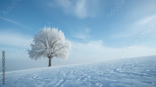Winter landscape with a frosted tree on a snow-covered hill under a clear blue sky with clouds