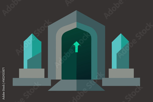 ancient crypt doors glowing light