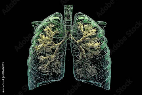 Detailed Artistic Rendering of Human Lungs and Rib Cage for Medical Illustration and Anatomical Study, Showing Bronchial Tree
