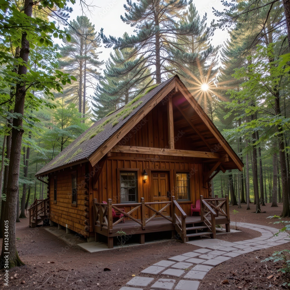 wooden cabin with green roof in a peaceful forest, captured in golden hour, nature integrated architecture, environmental harmony wooden cabin with green roof in a peaceful forest, captured in golden hour, nature integrated architecture, environmental harmony