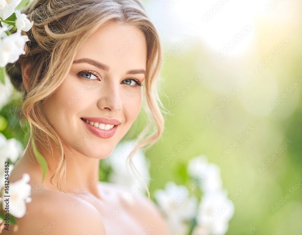 Fototapeta premium Beautiful woman with perfect skin and flowers