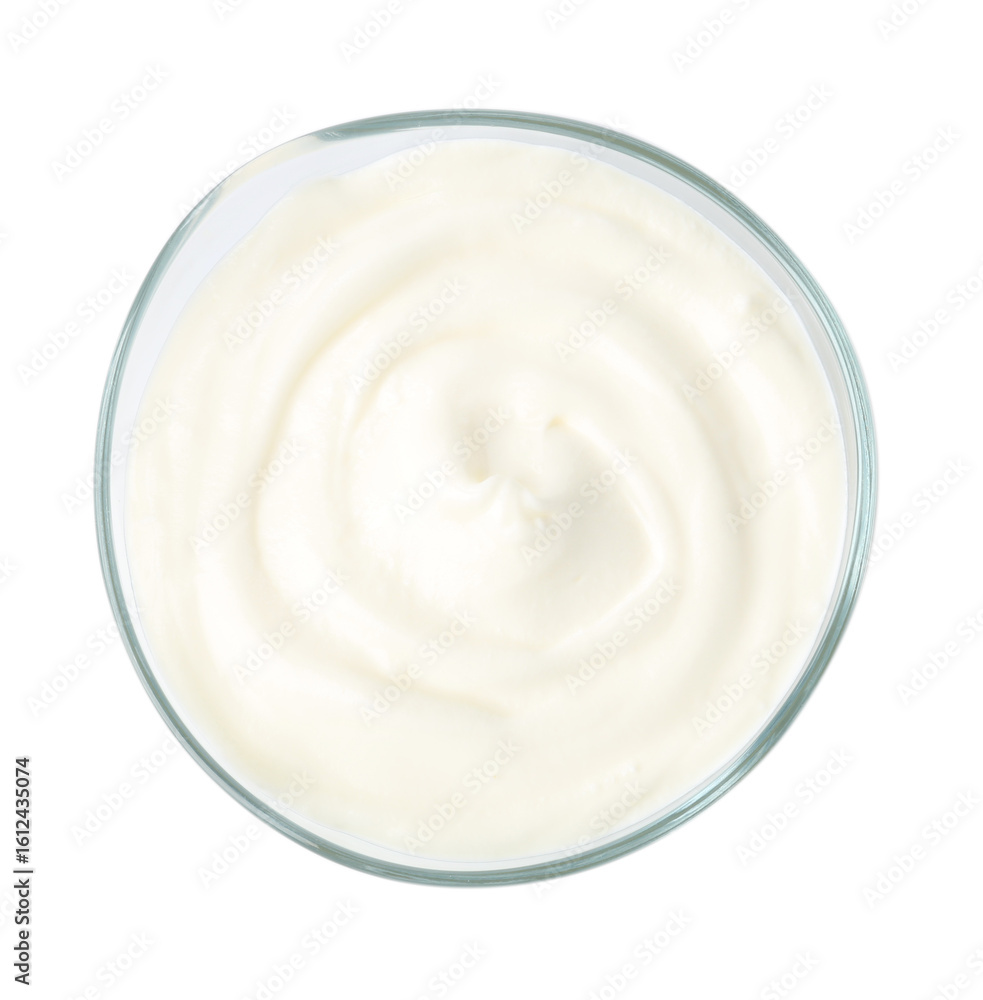 Delicious yogurt in bowl isolated on white, top view Delicious yogurt in bowl isolated on white, top view