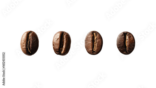 Four coffee beans, close-up, dark background.  Each bean shows its facets and surface texture.  Deep browns, subtle highlights