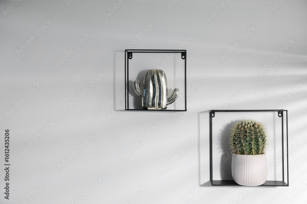 Fototapeta premium Metal shelves with potted and decorative cacti on white background