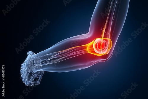 Detailed 3D Render of an Injured Elbow Joint with Visible Bones and Tendons, Illustrating Medical Condition and Anatomy