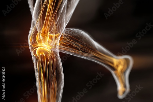 Detailed 3D Render of a Human Leg Showing Nerves and Veins, Emphasizing the Intricate Network and Anatomy of the Lower Limb