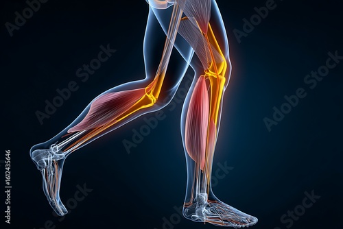 Detailed 3D Render of a Healthy Human Leg Anatomy Showing Muscles, Bones, and Tendons for Medical Illustration and Educational Purposes