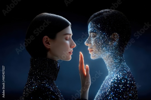 Technology with human minimal concept ofFashion designer uses AI assistant to create real-time garments projected onto avatar, based on emotion and movement, merging creative expression with
