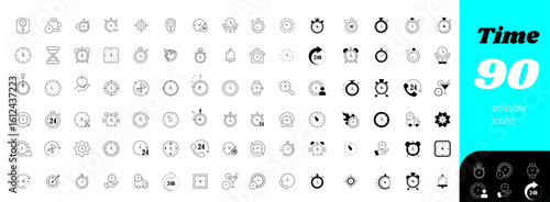Time icon set - Time Line Editable Icons set. Vector illustration in modern thin line style of clock related icons: timer, stopwatch, alarm, and more - Clock black icon set