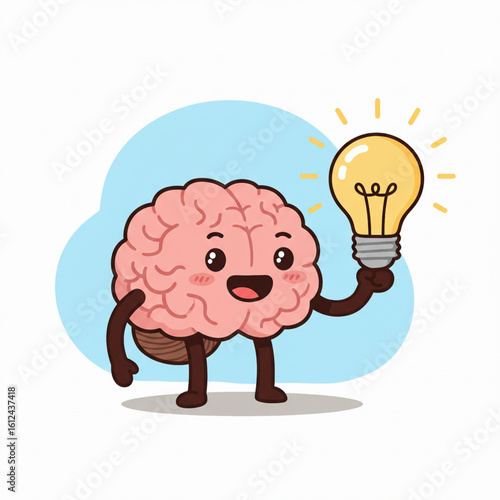 Cartoon Brain Character Holding Lightbulb with Smile