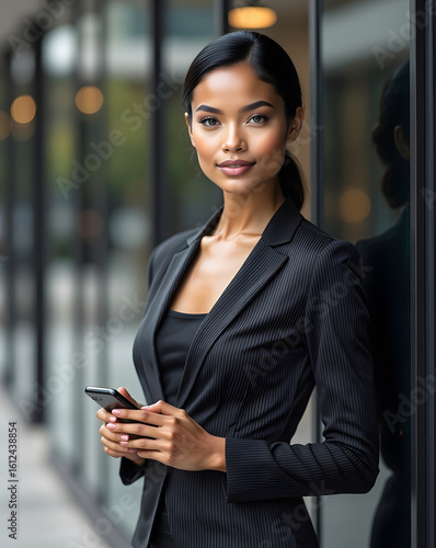 Blasian beautiful business woman with dark biz uniform holding a smartphone, Naimati model