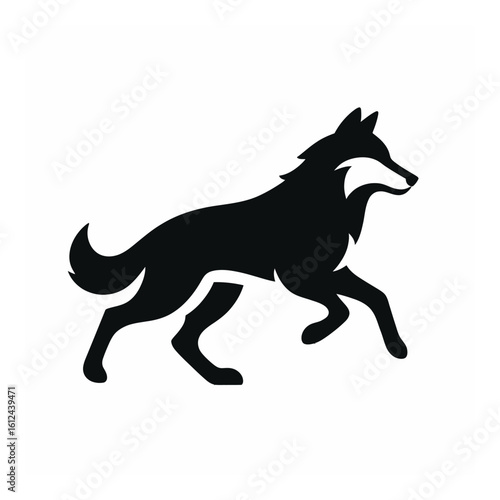 Vector art of a black wolf silhouette in a dynamic running pose, isolated on a white background