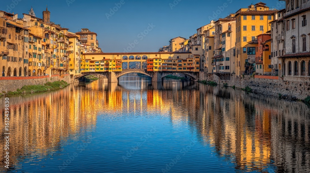 Obraz premium Colorful bridge over calm river, city reflections