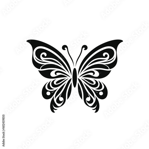 Vector art of an elegant black butterfly with ornate swirling patterns is isolated on a white background
