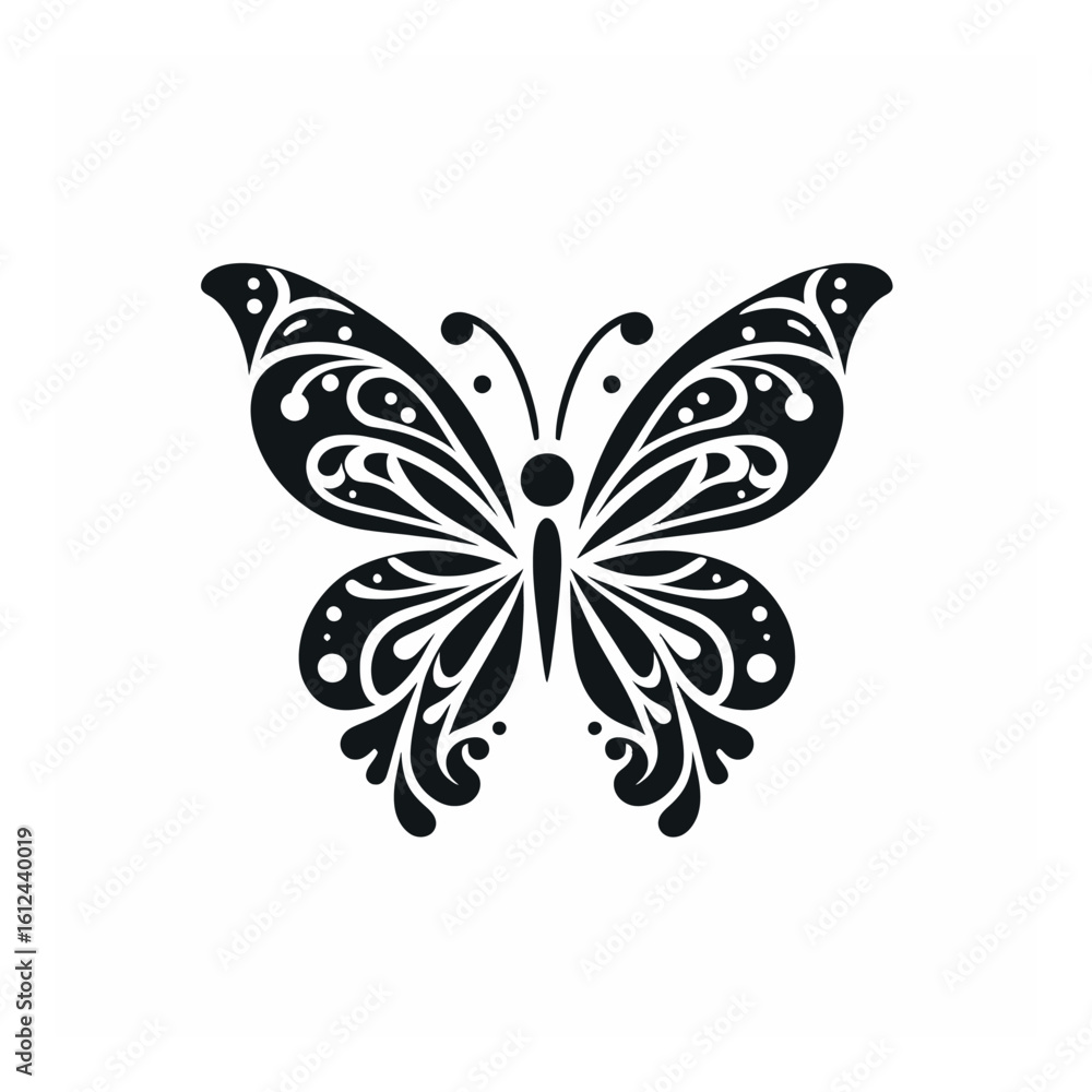 Vector art of an elegant black butterfly with ornate wing patterns, isolated on a white background Vector art of an elegant black butterfly with ornate wing patterns, isolated on a white background