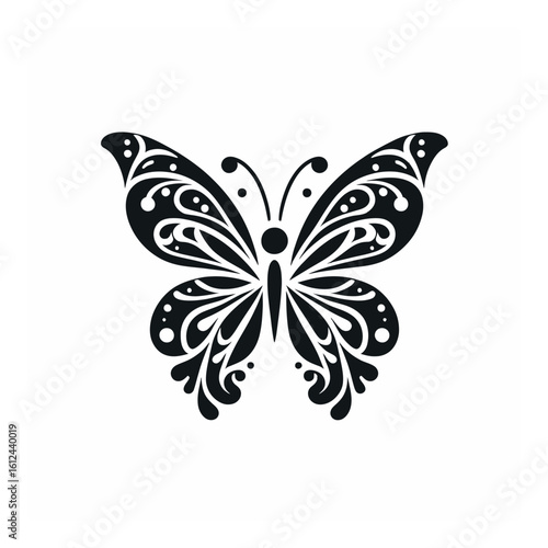 Vector art of an elegant black butterfly with ornate wing patterns, isolated on a white background