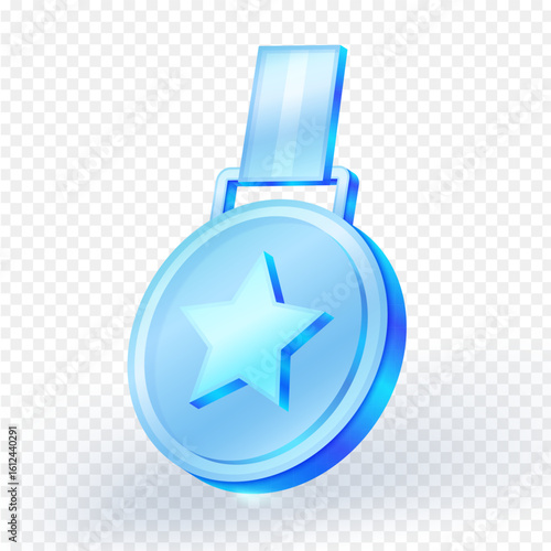 Glossy 3D blue glass medal icon with a star in the center and a glass ribbon on top. Perfect for achievement badges, game rewards, or UI design elements on transparent background. Vector illustration.