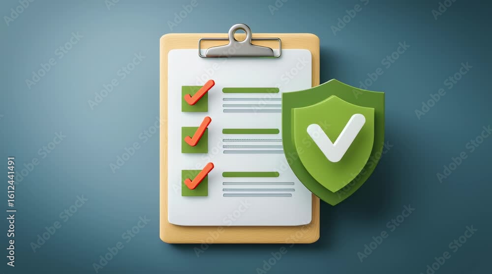 Checklist on Clipboard with Green Check Mark and Shield Icon Symbolizes ...