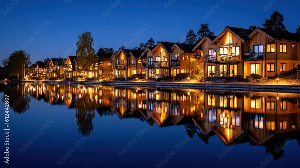 Naklejka premium Cozy cabins by a lake at twilight
