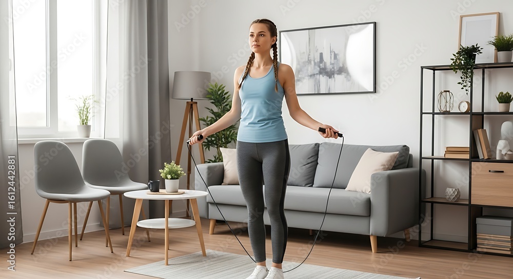 Woman practicing jump rope at home Woman practicing jump rope at home