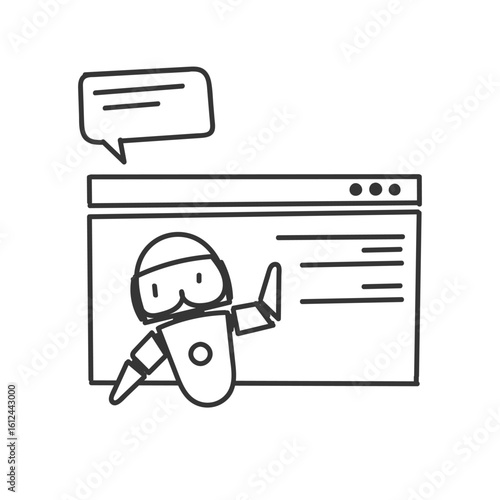 robot on web page and bubble talk illustration in doodle cartoon style
