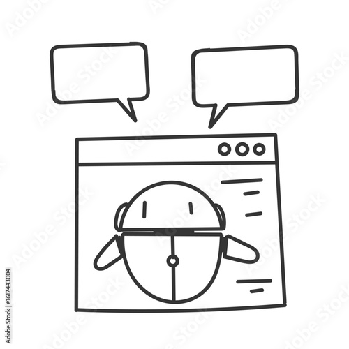 robot on web page and bubble talk illustration in doodle cartoon style