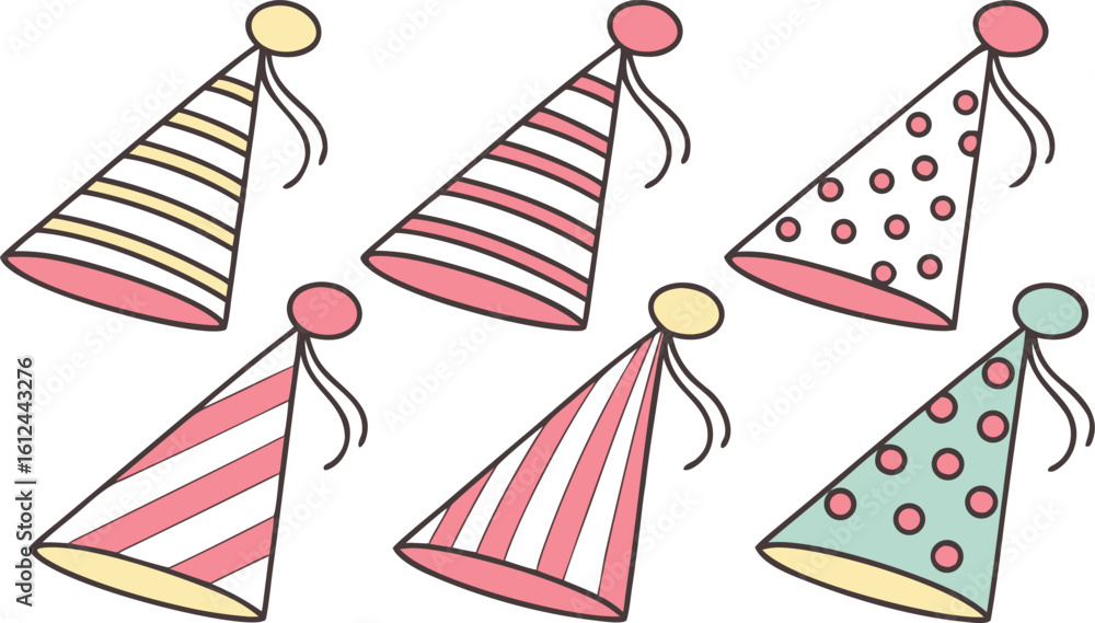 Fototapeta premium Colorful Cartoon Party Hats Background for Birthday Celebrations and Festive Occasions Featuring Stripes and Polka Dots