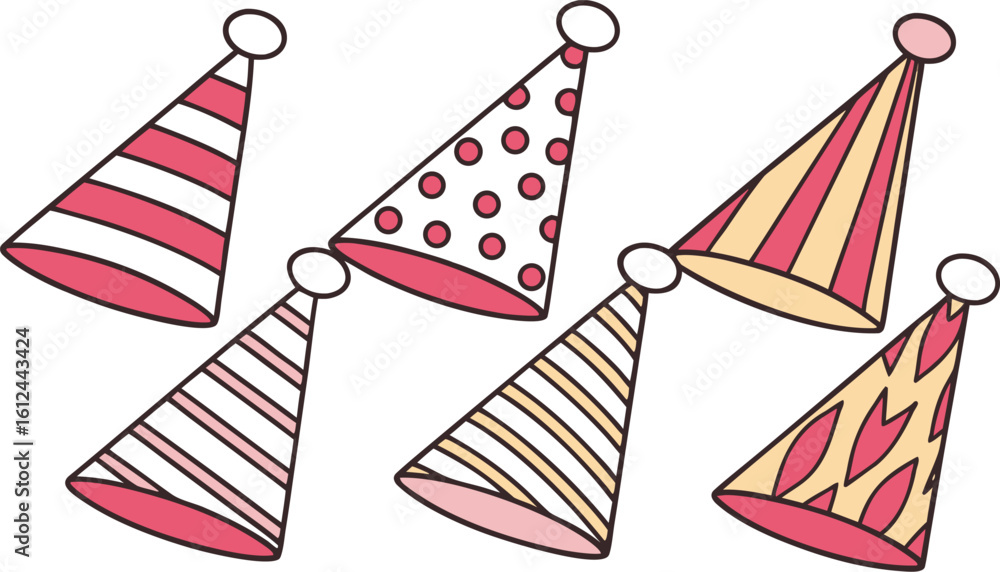 Obraz premium Festive Birthday Party Hats Illustration with Stripes Dots and Abstract Shapes for Celebrations and Special Events Graphic Resource