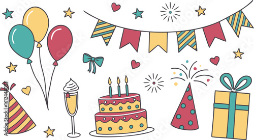 Celebration party doodle elements with balloons cake presents and festive decorations for birthday anniversary or special event vector illustration