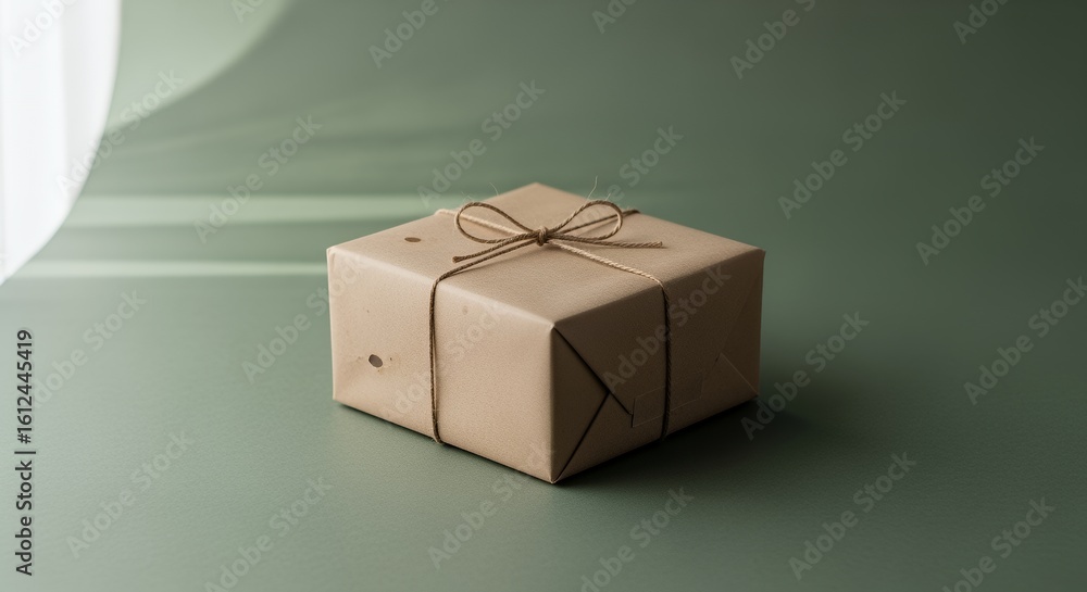 Fototapeta premium A simply wrapped gift box sits on a subtly textured , bathed in soft, diffused light, creating a serene and minimalist scene.