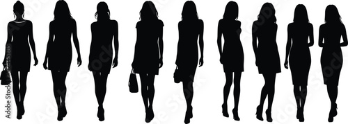 Cad drawing flat vector illustration of female silhouettes walking confidently in stylish outfits for fashion branding, elegance, and lifestyle concepts