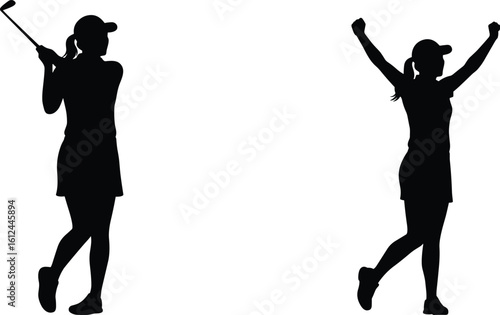 Cad drawing flat vector illustration of female golfer silhouette swinging club and celebrating victory pose for fitness sports concept