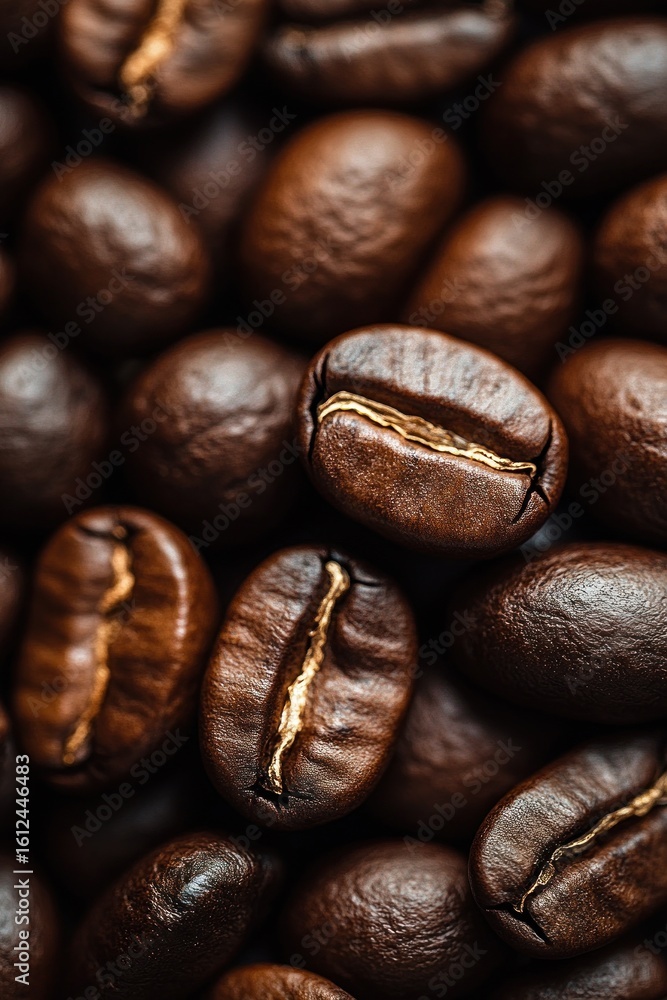 Naklejka premium Close-up of roasted coffee beans showing detailed texture and rich brown hues with a warm and inviting feel