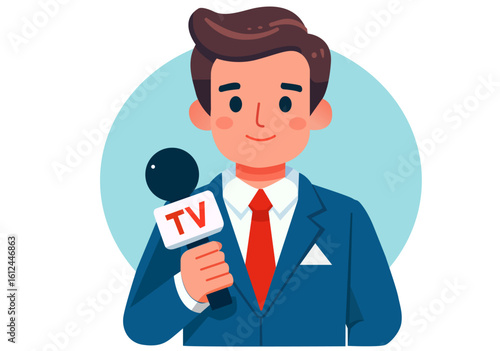 A young man in a suit holding a microphone with a TV logo represents the profession of a journalist.