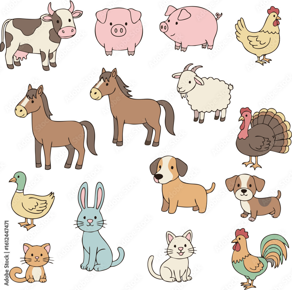 Fototapeta premium Cute cartoon farm animals arranged in a grid pattern.