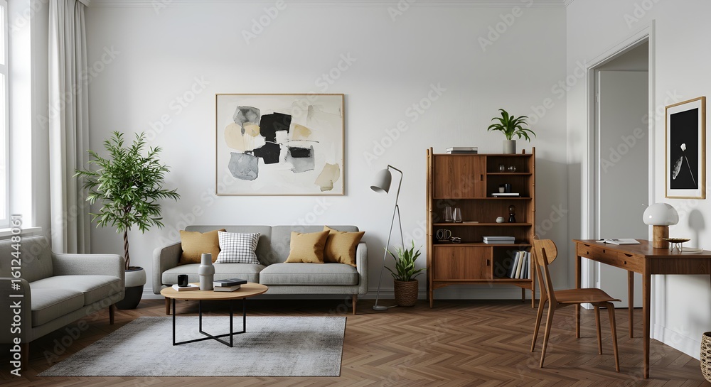 Fototapeta premium Modern Interior Design of a Living Room with Subtle Art and Plants